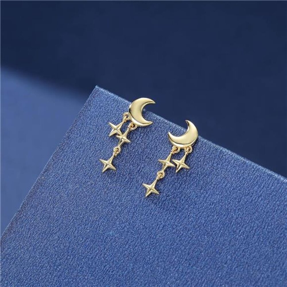 Star & Moon Stud Earrings – Rhodium/Gold Hypoallergenic - Picture 5 of 6